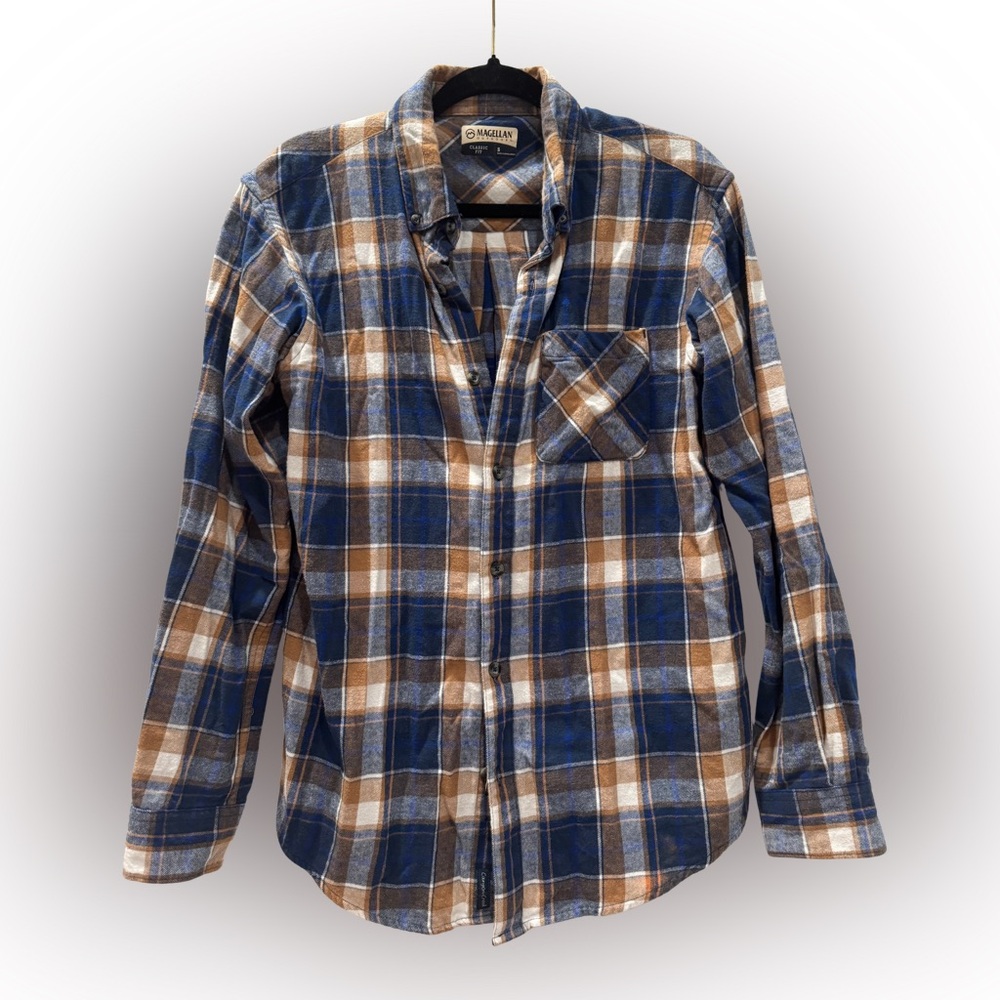 Magellan Outdoors | Blue & Brown Plaid Flannel Button-Up Shirt – Size‎ S